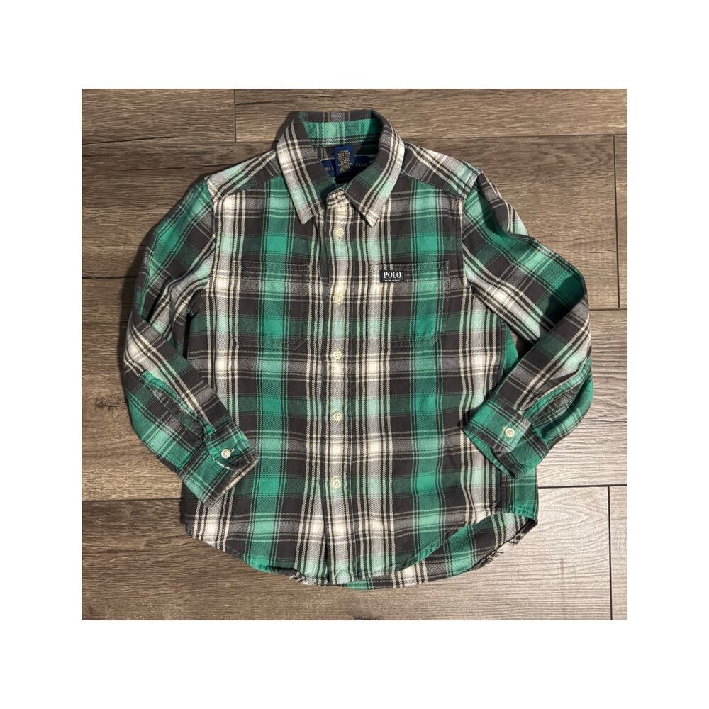 Ralph Lauren Boys‎ Brown Green Long Sleeve Button Down Flannel Shirt Size 4